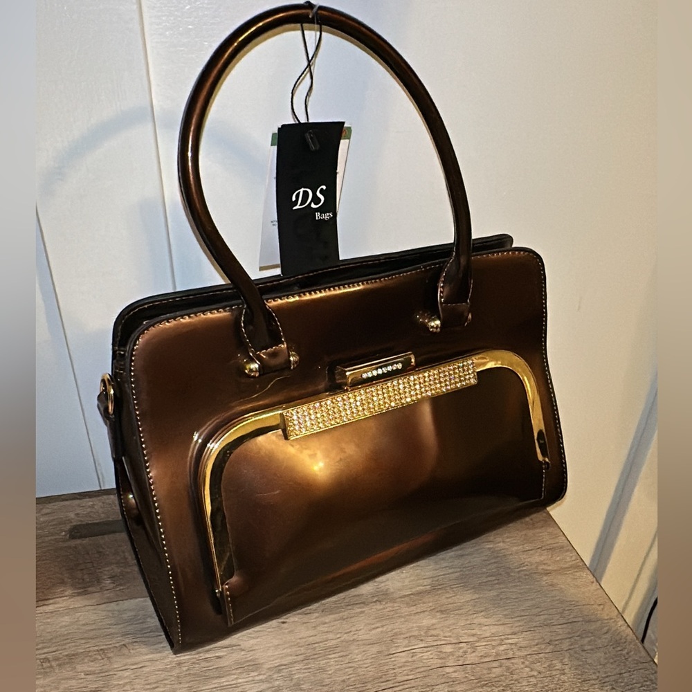 NWT DS Bags Bronze & Rhinestone Patent Handle Bag